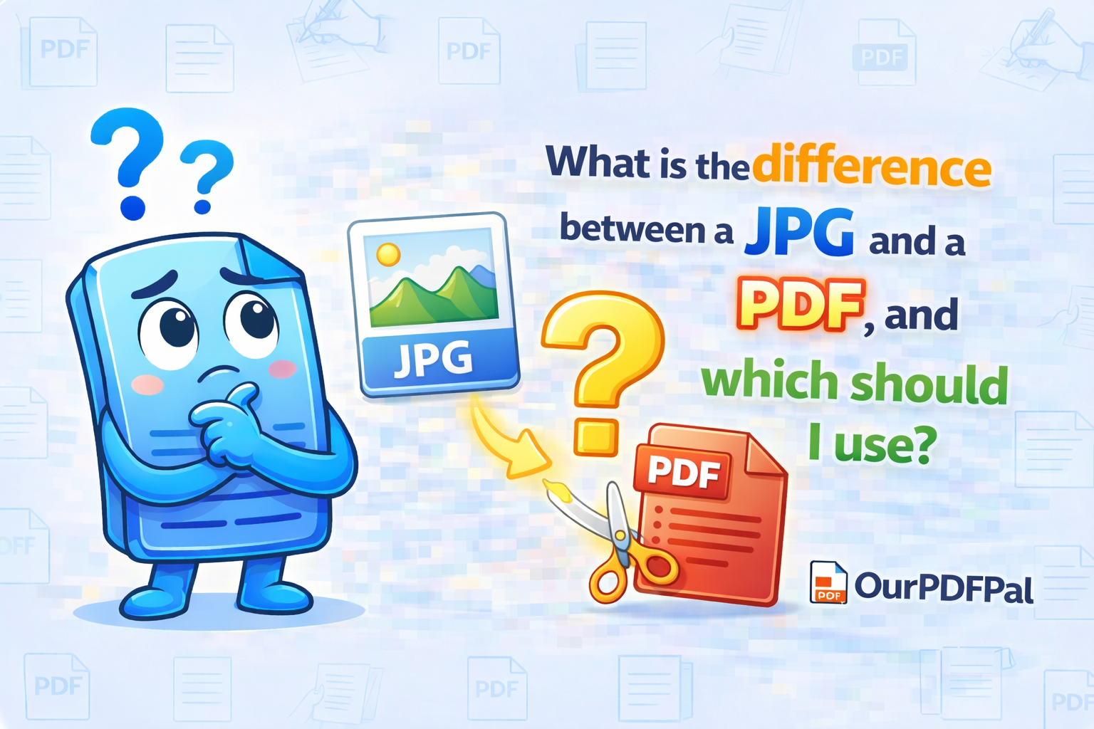 What is the difference between a JPG and a PDF, and which should I use?